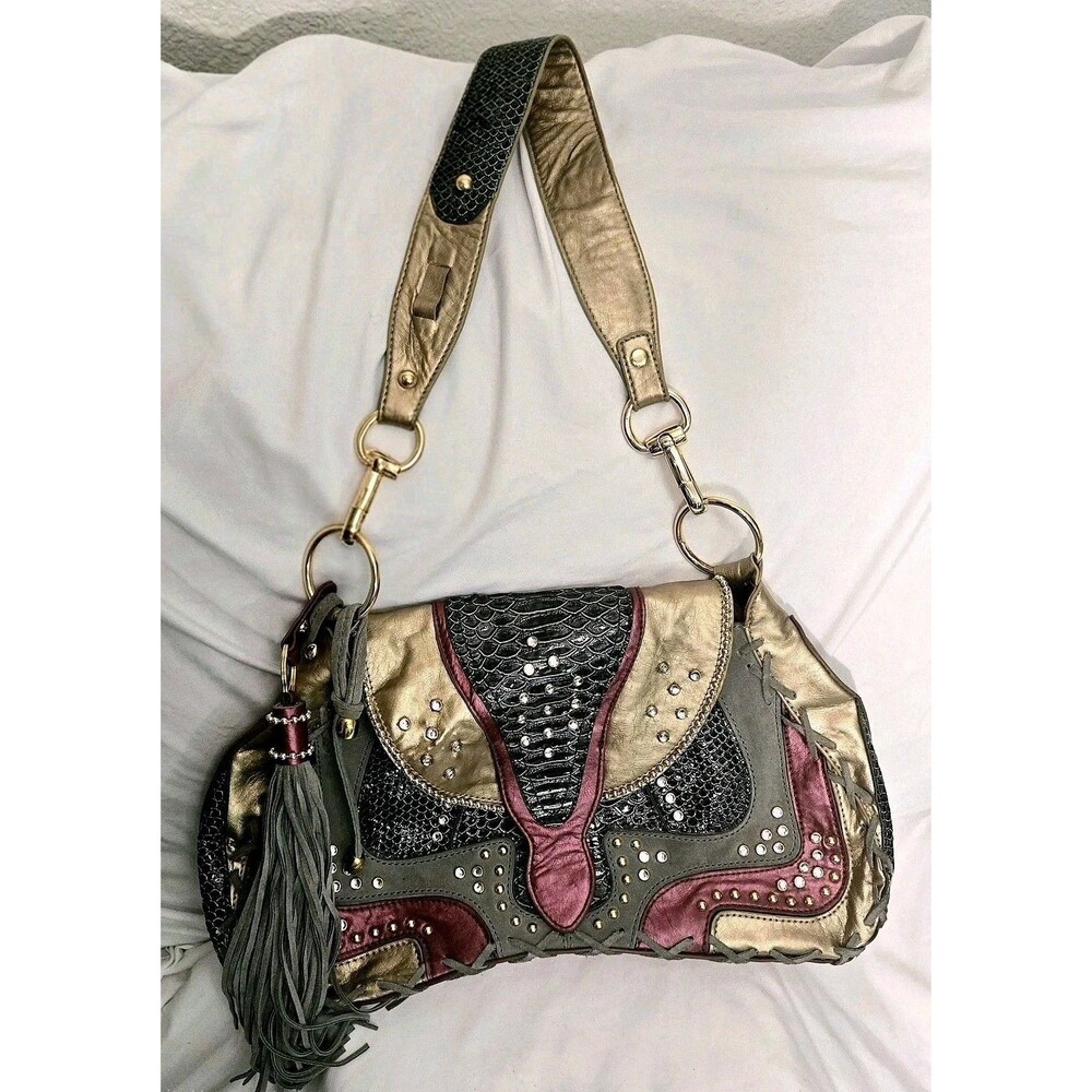 Hot In Hollywood Vintage 2000’s Fringe Snake Print Pink Gold Studded Rare Y2k